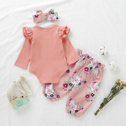 やわらかリブで毎日かわいく決まる 女の子ロンパース＆花柄パンツ3点セット フリル肩デザイン コットン90% 70〜100cm