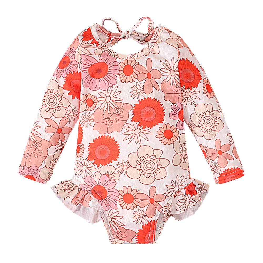 ベビー女の子 長袖UVラッシュガードワンピース水着 花柄 オープンバック フリル付き 70cm・80cm・90cm・100cm・110cm