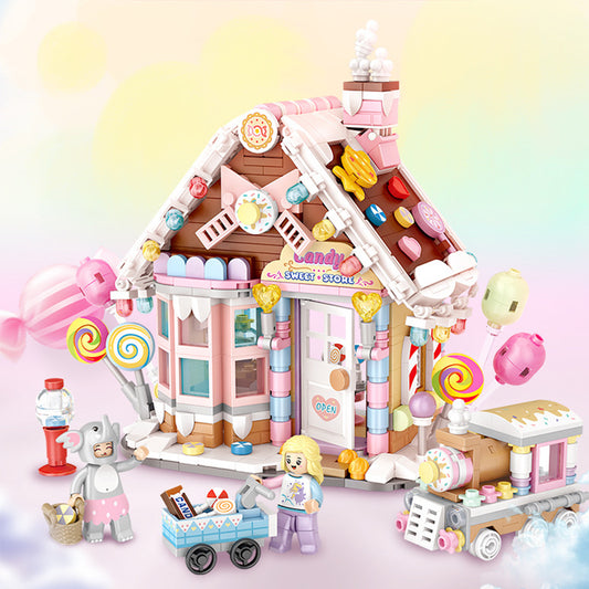 キャンディカラーの小粒ブロックで組み立てられたキャンディハウスのジオラマ。パステル調の家、ロリポップ、ガムボールマシン、ショッピングカート、女の子フィギュア、動物フィギュアなど細部まで精巧に再現された知育ブロックセット。創造力トレーニング、色認識、親子遊びに最適なビルディングトイ。
