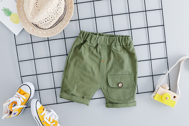 さらっと動きやすい 子ども半袖上下セット アニマルフェイスポケットTシャツ カーゴ風ショートパンツ コットン 70~100cm アプリコット・イエロー