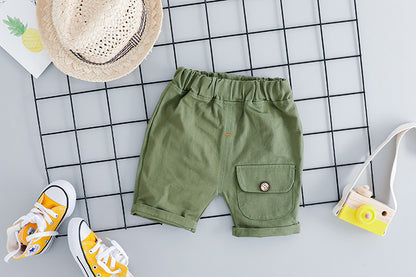 さらっと動きやすい 子ども半袖上下セット アニマルフェイスポケットTシャツ カーゴ風ショートパンツ コットン 70~100cm アプリコット・イエロー