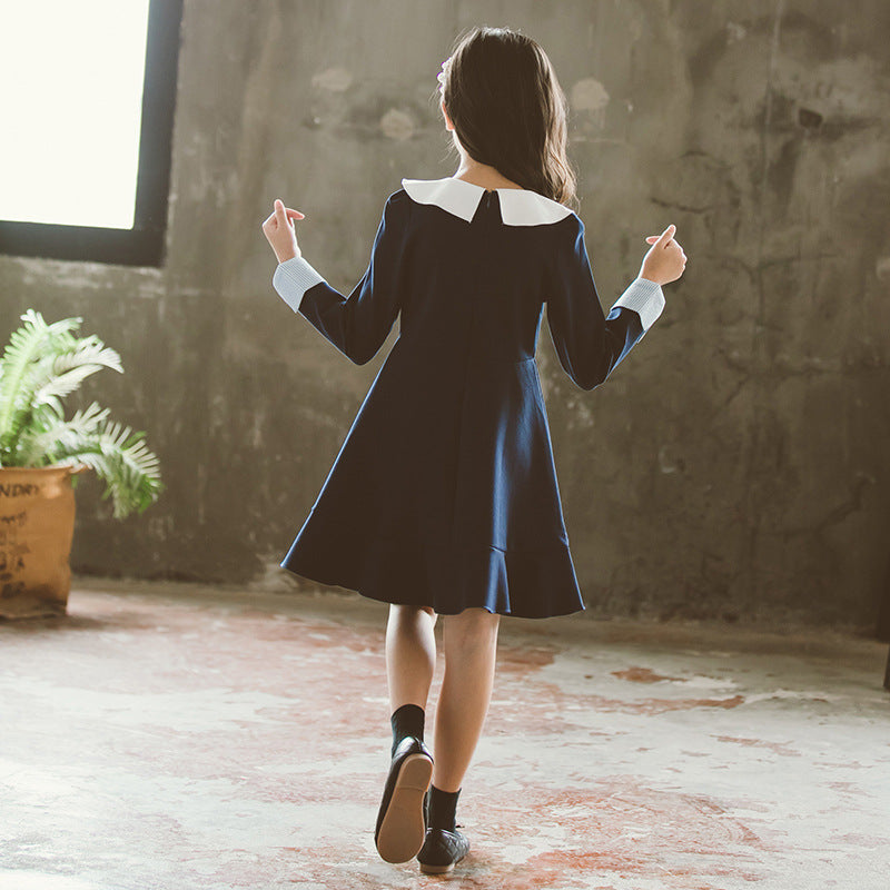 きちんと上品に映える 女の子長袖プリンセスワンピース 大きめ襟フリルデザイン コットン 裏起毛あり/なし 90~150cm