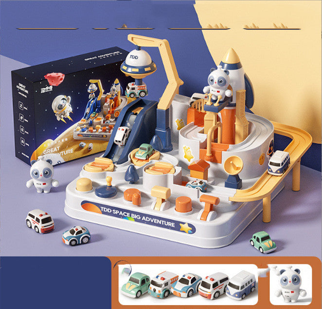 ボタンやレバーなどベース部分のディテールが見える宇宙スペースアドベンチャー軌道トラックのクローズアップ
