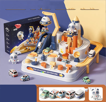 ボタンやレバーなどベース部分のディテールが見える宇宙スペースアドベンチャー軌道トラックのクローズアップ
