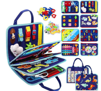 複数のカラフルなモンテッソーリ学習ボードが吊るされた状態で並んでいる画像  
