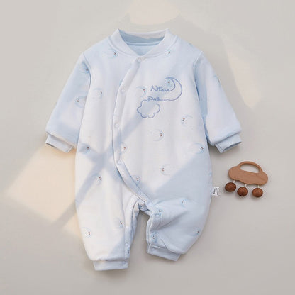 ぬくもりに包まれて安心して過ごせる ベビーカバーオール 総柄プリント スタンドカラー 前開きボタン コットン厚手 66~90cm