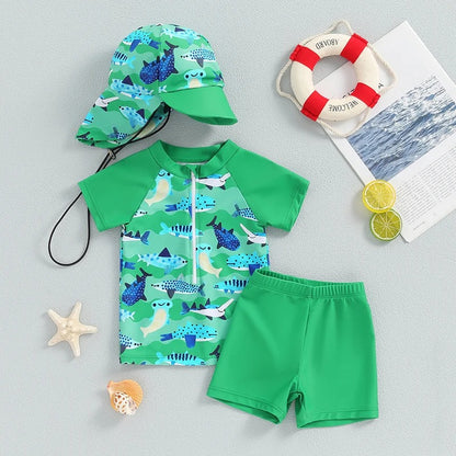 帽子付きベビーラッシュガード上下3点セット グリーン海のいきもの柄 フロントジップ 半袖 0～6ヶ月～3～4歳 水遊び用スイムウェア
