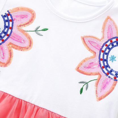 ふんわりチュールでプリンセス気分が高まる 女の子半袖ワンピース 花柄スパンコール ピンク コットン素材 90~140cm