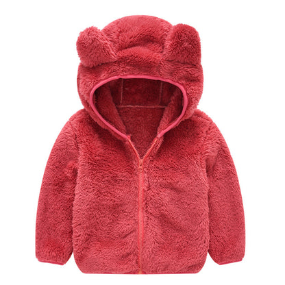 kids fuzzy ear hooded jacket red color front view on hanger
