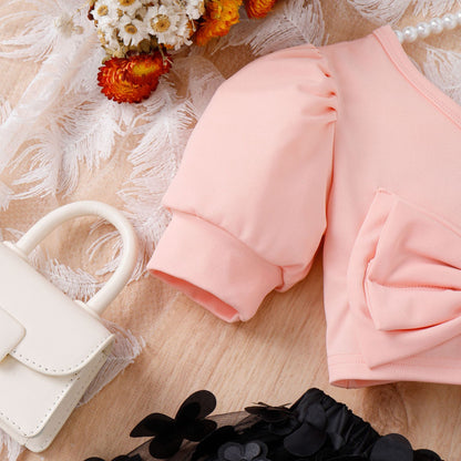 特別感がさらりと叶う 女の子ワンショルダートップス＆立体フラワーチュールスカートセット パフスリーブ大きめリボン コットン混 4~7歳