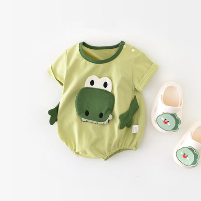 まんまる可愛いおでかけが楽しくなる 赤ちゃん半袖ロンパース 立体恐竜アップリケ ライトグリーン コットン 66〜90cm