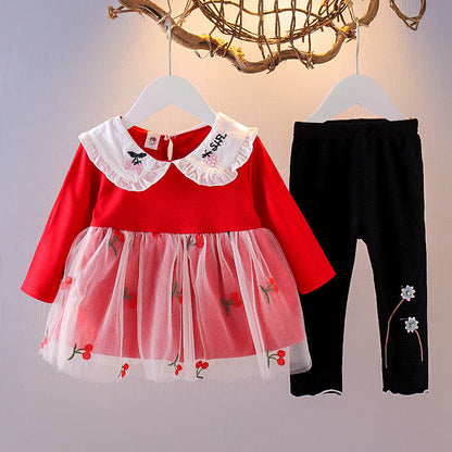 ふんわりチュールにさくらんぼ刺繍が映える 女の子襟付きワンピース＆レギンス上下セット 長袖 66〜110cm