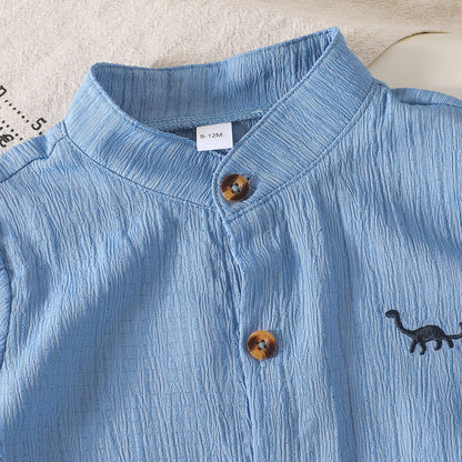 さらっと涼しくきちんと見えが叶う 男の子半袖シャツ＆ショートパンツセット 恐竜刺繍 シンプルブルー ポリエステル 6〜9ヶ月〜2〜3歳