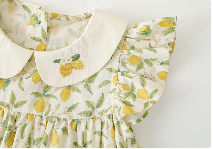 夏のレモンフルーツ柄で涼やかに可愛くまとまる 女の子半袖ワンピース 丸襟フリルスリーブ コットン 80~130cm
