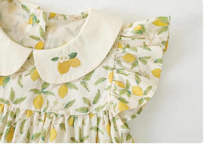 夏のレモンフルーツ柄で涼やかに可愛くまとまる 女の子半袖ワンピース 丸襟フリルスリーブ コットン 80~130cm