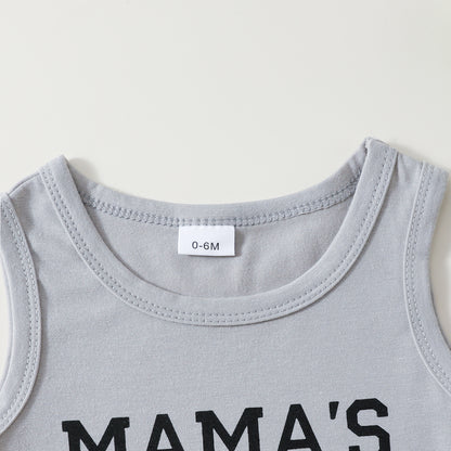 さらりと快適に決まる 男の子上下セット タンクトップ風レタープリントトップス＆チェック柄ショートパンツ ポリエステル 0-6ヶ月〜2-3歳