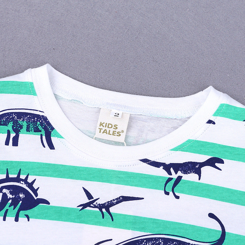 元気に走れる夏コーデが即完成する 男の子半袖Tシャツ＆ショートパンツセット ボーダー恐竜柄 コットン 100~150cm