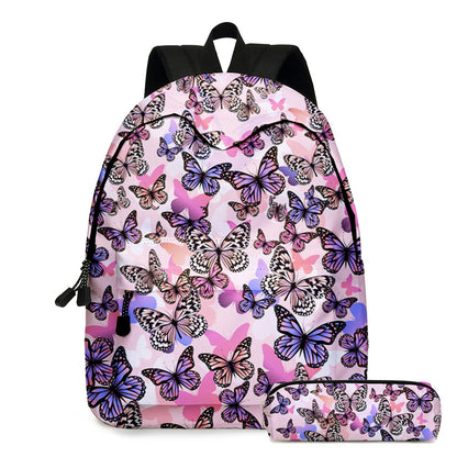 【30×17×40cm・約0.4kg】蝶柄プリントのキッズバックパック2点セット｜通気性＆14インチ差し込みで通学・外出が整う