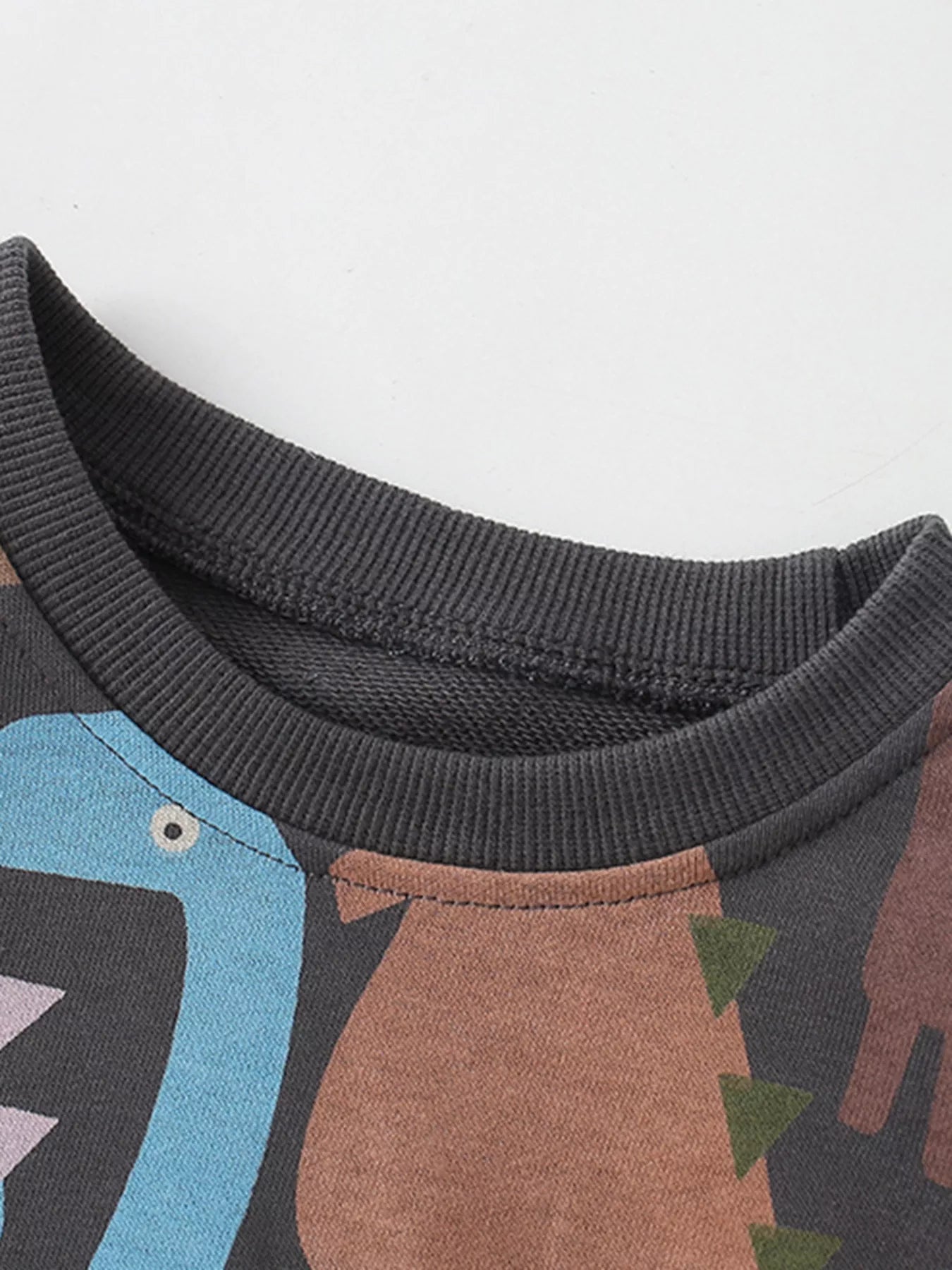 クルーネック部分と恐竜プリントのディテールがわかる子どもトレーナー胸元アップ
