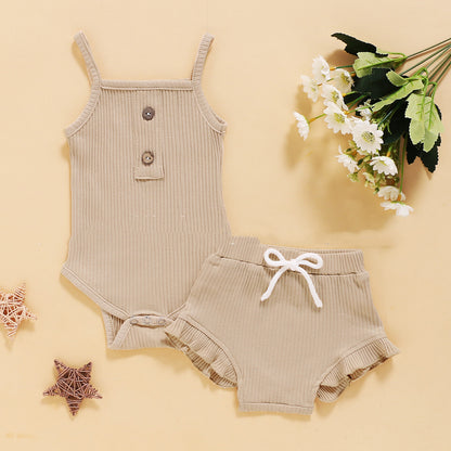 ふんわりやさしく着映える 女の子ベビー ノースリーブボディスーツ＆フリルショートパンツ上下セット リブニット無地 コットン 60~100cm
