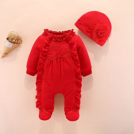 レッドのパッド入り長袖ベビーロンパースと帽子セット
