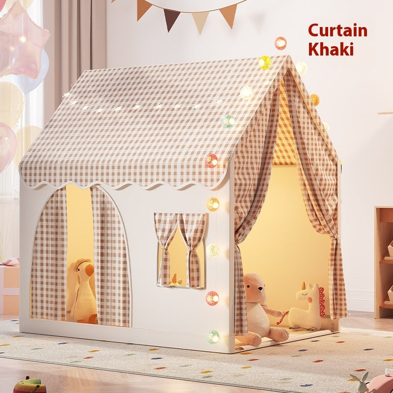プリンセスキャッスル型キッズテント カーキ 布カーテン 室内プレイハウス

