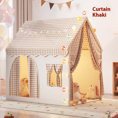 プリンセスキャッスル型キッズテント カーキ 布カーテン 室内プレイハウス
