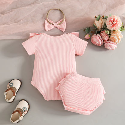 さらっとリブで夏も快適な 赤ちゃん女の子ロンパース＆フリルブルマ＆リボンヘアバンド3点セット 無地デザイン ポリエステルリブニット 0〜18ヶ月