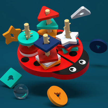 青背景で形プレートの種類と差し込み穴が分かる 四本柱スタッキングパズルのイメージ
