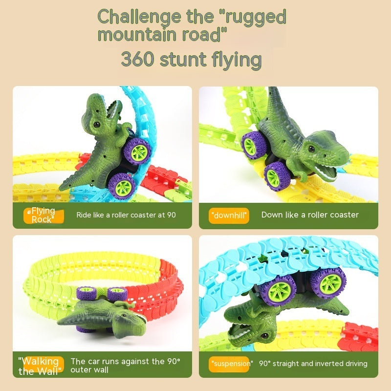 恐竜カーと起伏のあるレールコースを複数の角度から紹介しているコラージュ画像
