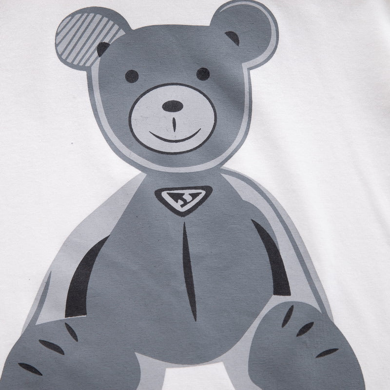 さらっと動きやすい 男の子半袖Tシャツ＆チェックパンツ上下セット くまプリント コットン 80~110cm