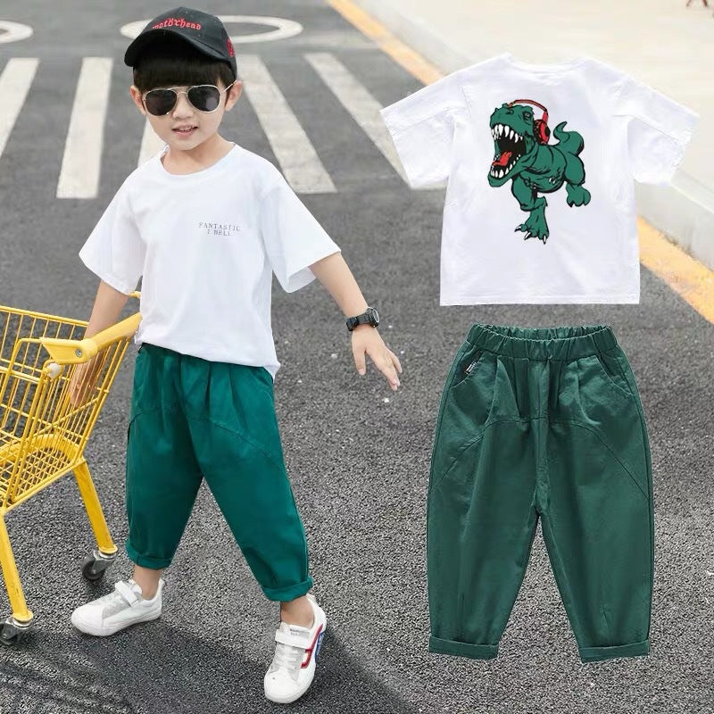 元気に動ける子どもにぴったり 男の子半袖Tシャツ＆九分丈パンツ上下セット 恐竜バックプリント コットン 100~160cm