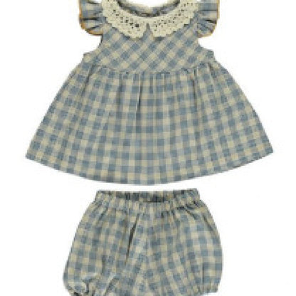 秋冬の重ね着コーデが可愛くまとまる 女の子ワンピース＆ブルマセット グレー×ブルーストライプ コットン素材 73~110cm