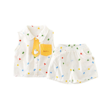 さらっと涼しく夏の韓国風コーデが完成する 子どもノースリーブベスト＆ショートパンツセット 幾何学刺繍デザイン コットン ホワイト 73〜100cm