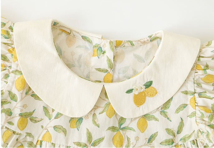 夏のレモンフルーツ柄で涼やかに可愛くまとまる 女の子半袖ワンピース 丸襟フリルスリーブ コットン 80~130cm