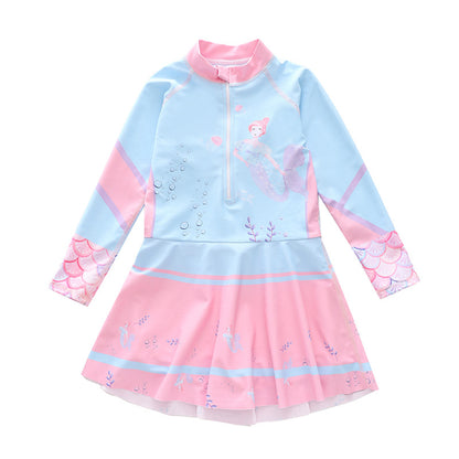 キッズ女の子 長袖ドレス風ワンピース水着 マーメイド柄 ハーフジップ 速乾ポリエステル 3〜14歳