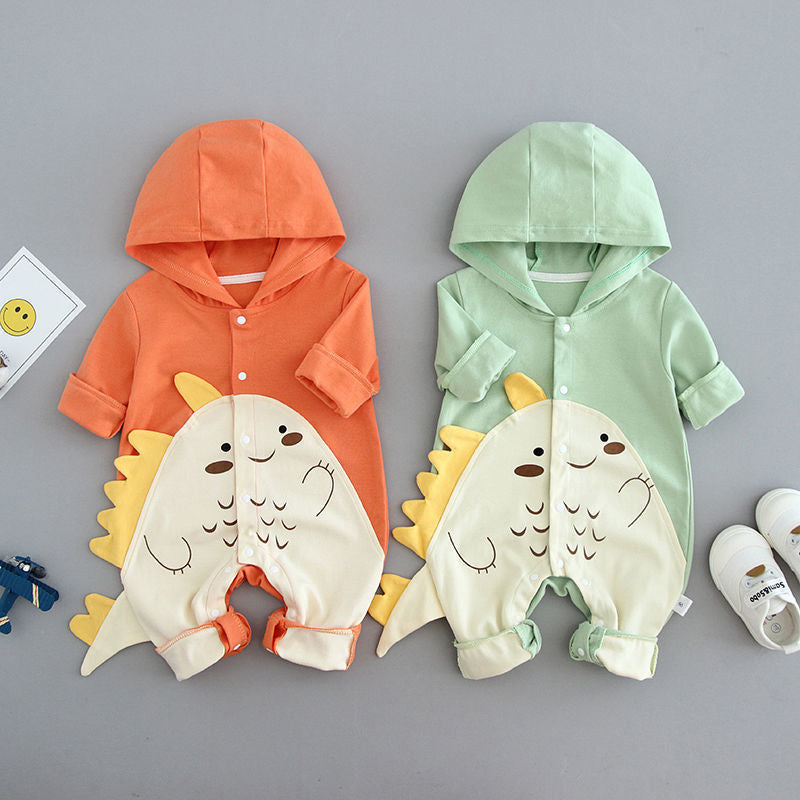 毎日のおでかけをふんわり快適にする 赤ちゃん用長袖カバーオール 恐竜デザインフード付き コットン 66〜90cm