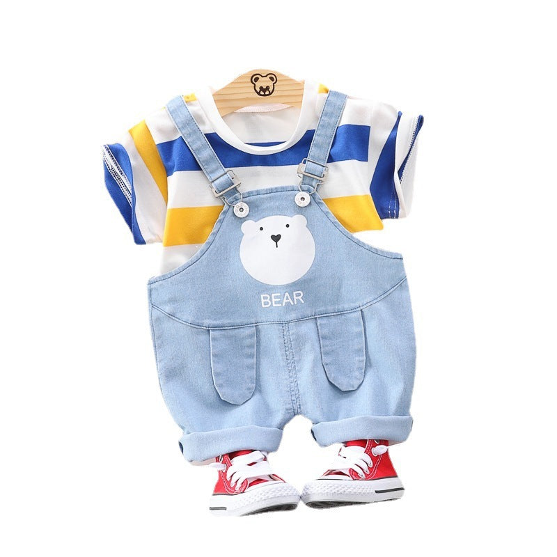 さらり涼しく動きやすい 子どもサロペットショーツセット ボーダーTシャツ くまプリント コットン 80~110cm