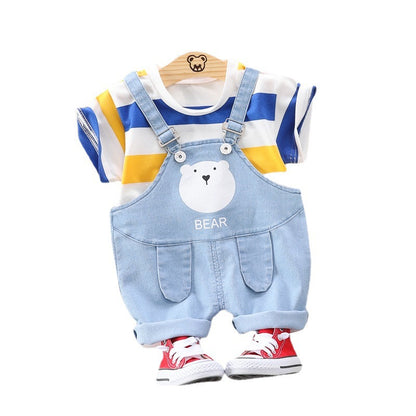 さらり涼しく動きやすい 子どもサロペットショーツセット ボーダーTシャツ くまプリント コットン 80~110cm