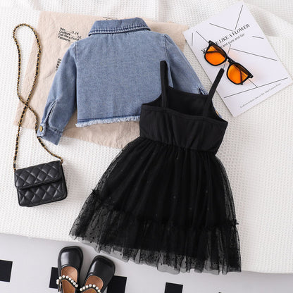 きちんと可愛くおしゃれが完成する 女の子チュールワンピースセット デニムジャケット付き コットン素材 9〜12ヶ月〜3〜4歳