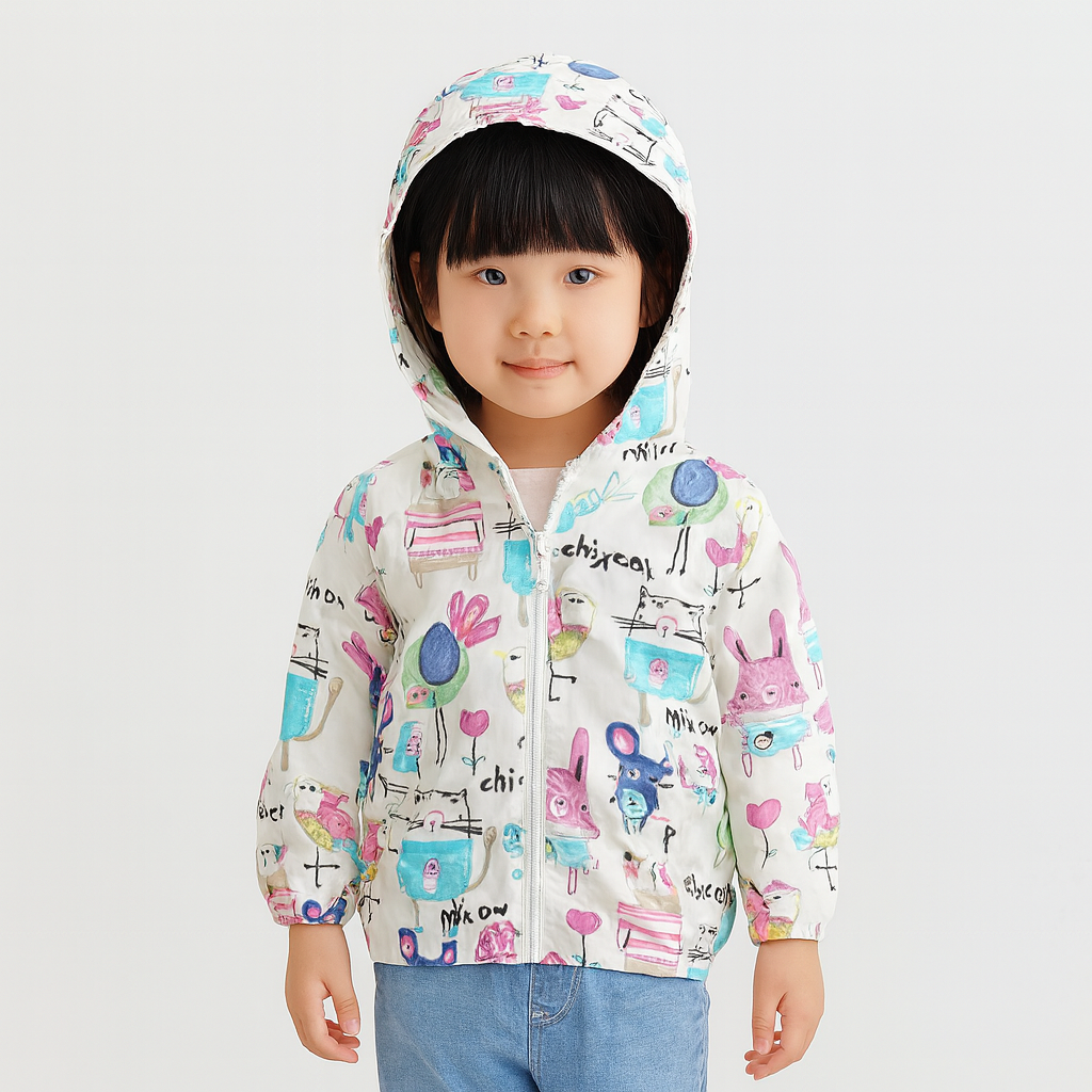 カートゥーンイラストが楽しい印象を与えるキッズパーカー
