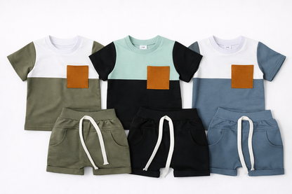 ブルー・アーミーグリーン・ブラックの配色バイカラー上下セットのカラー展開
