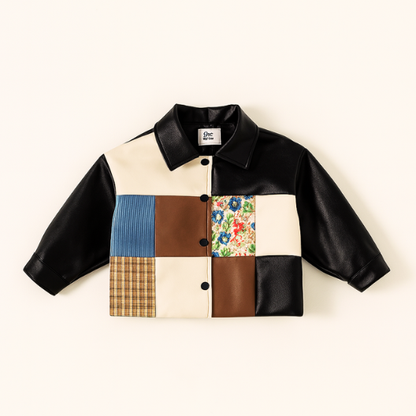 クールで大人っぽい雰囲気をまとえる 男の子向け子どもジャケット 配色切り替え フェイクレザー 80–140cm