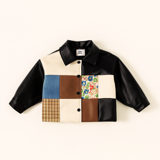 クールで大人っぽい雰囲気をまとえる 男の子向け子どもジャケット 配色切り替え フェイクレザー 80–140cm