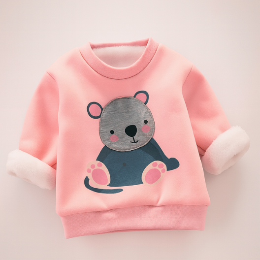 もこもこ袖が愛らしいピンク色の子ども用長袖トレーナーにネズミ柄プリントデザイン
