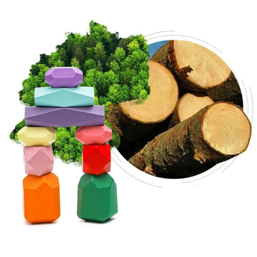 天然木の質感とカラフルな積み木を紹介するプロモーション画像。木の幹と森の背景が、素材の自然さと安全性を強調。
