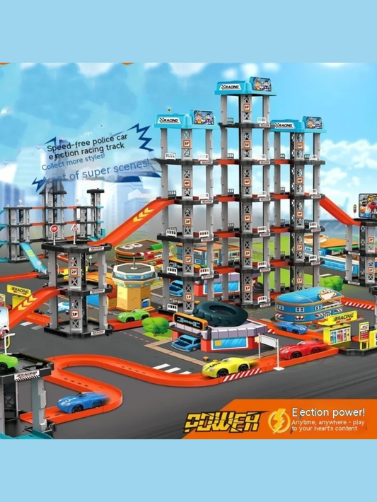 都市ジオラマ風の大型レースコースが広がる立体カートラックセット完成イメージ
