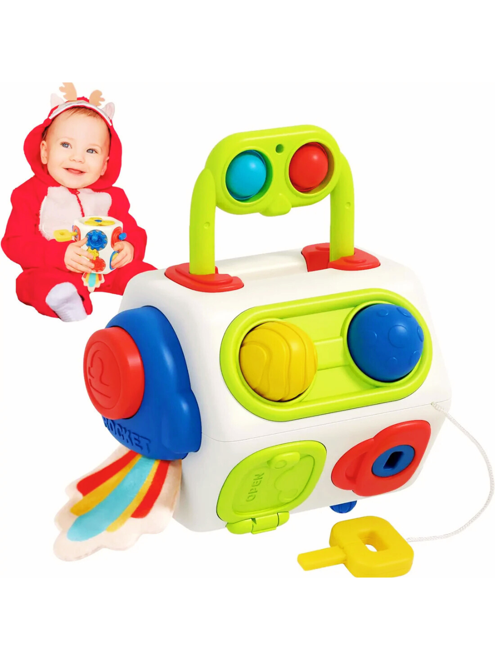 赤い服の赤ちゃんと多機能ビジーキューブ本体のイメージ
