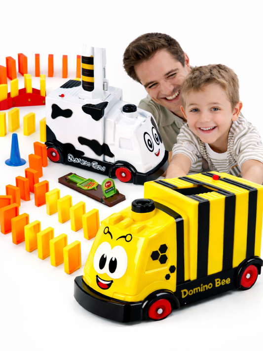 電動ドミノトレイン本体とドミノブロックが確認できるセット内容イメージ
