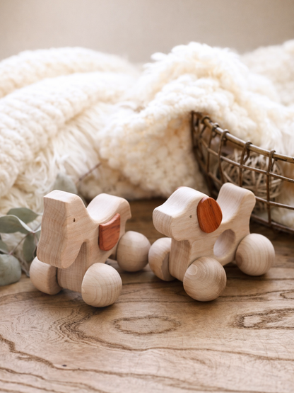 木のぬくもりが伝わるいぬとうまの木製ミニカー使用シーン
